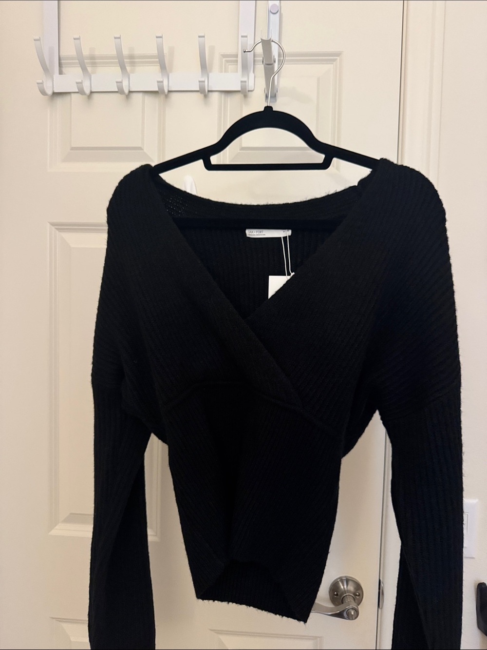 OAK + FORT Black Ribbed V‑Neck Crossover Sweater